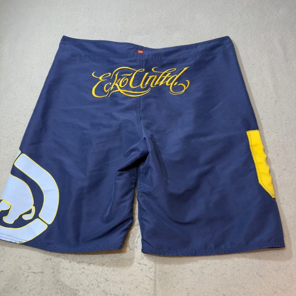 Ecko Unltd Mens Navy Blue Yellow Rhino Logo Board Shorts Swim Trunks Size 40 Y2K